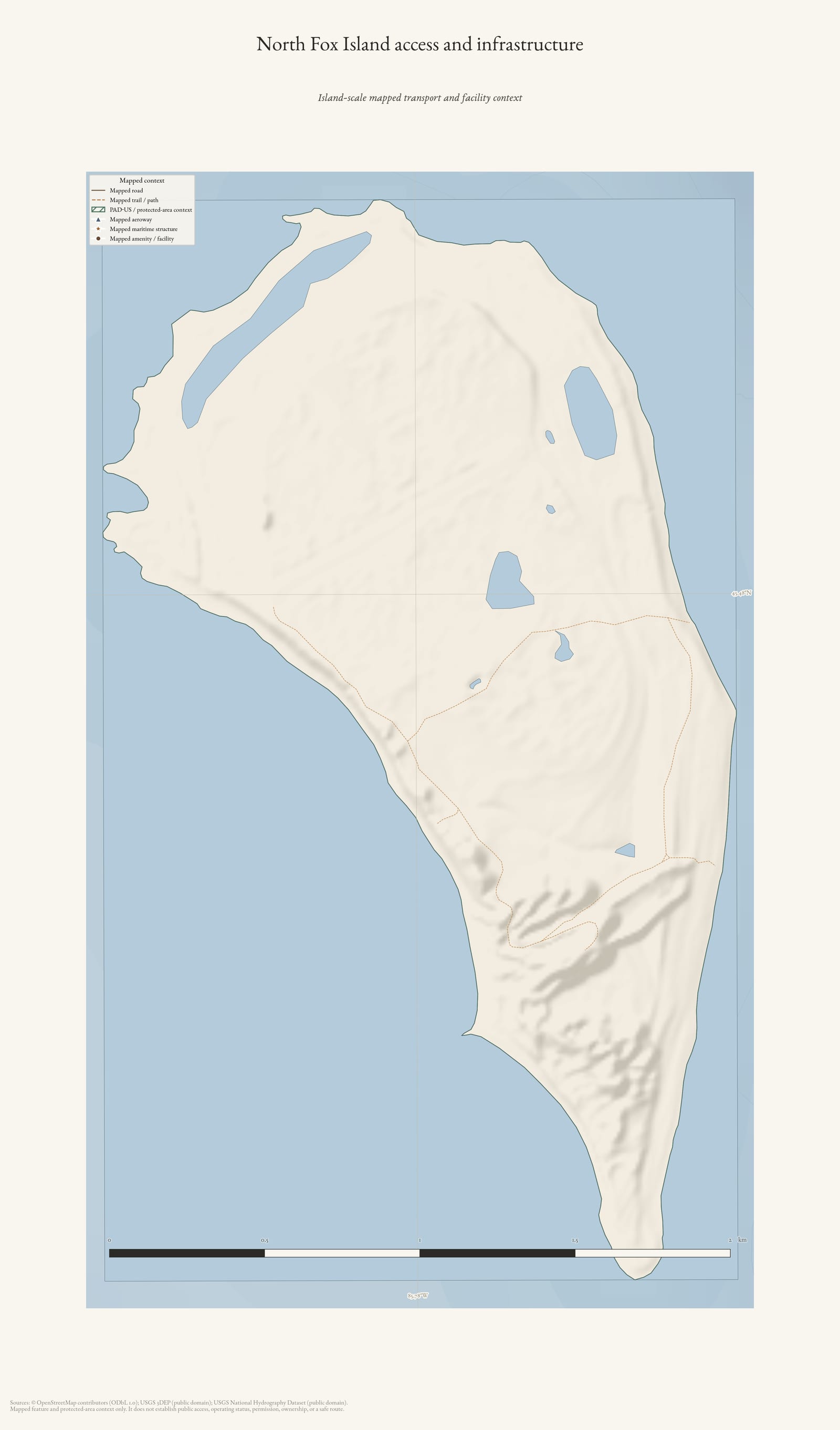 Access and infrastructure map of North Fox Island.