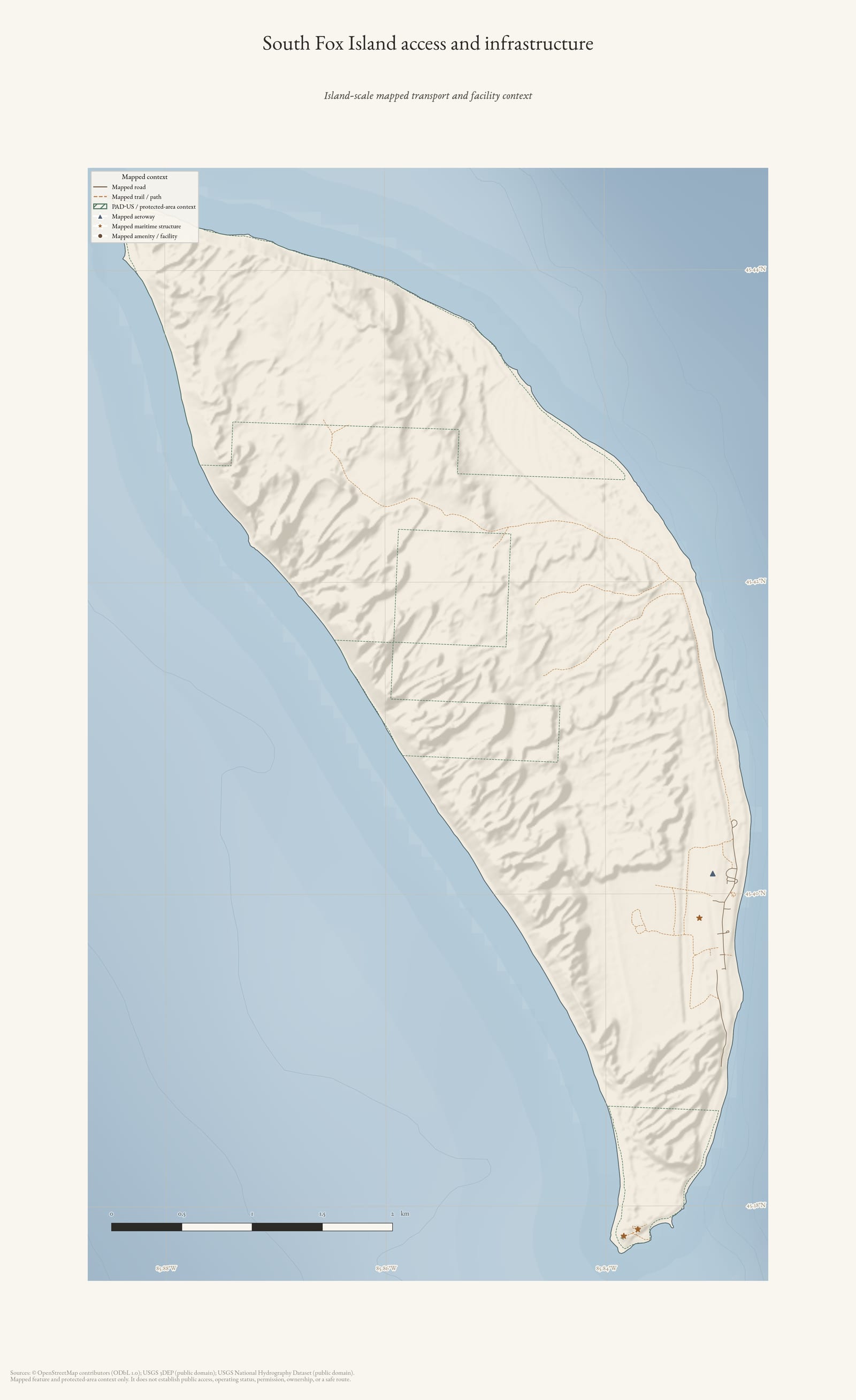 Access and infrastructure map of South Fox Island.