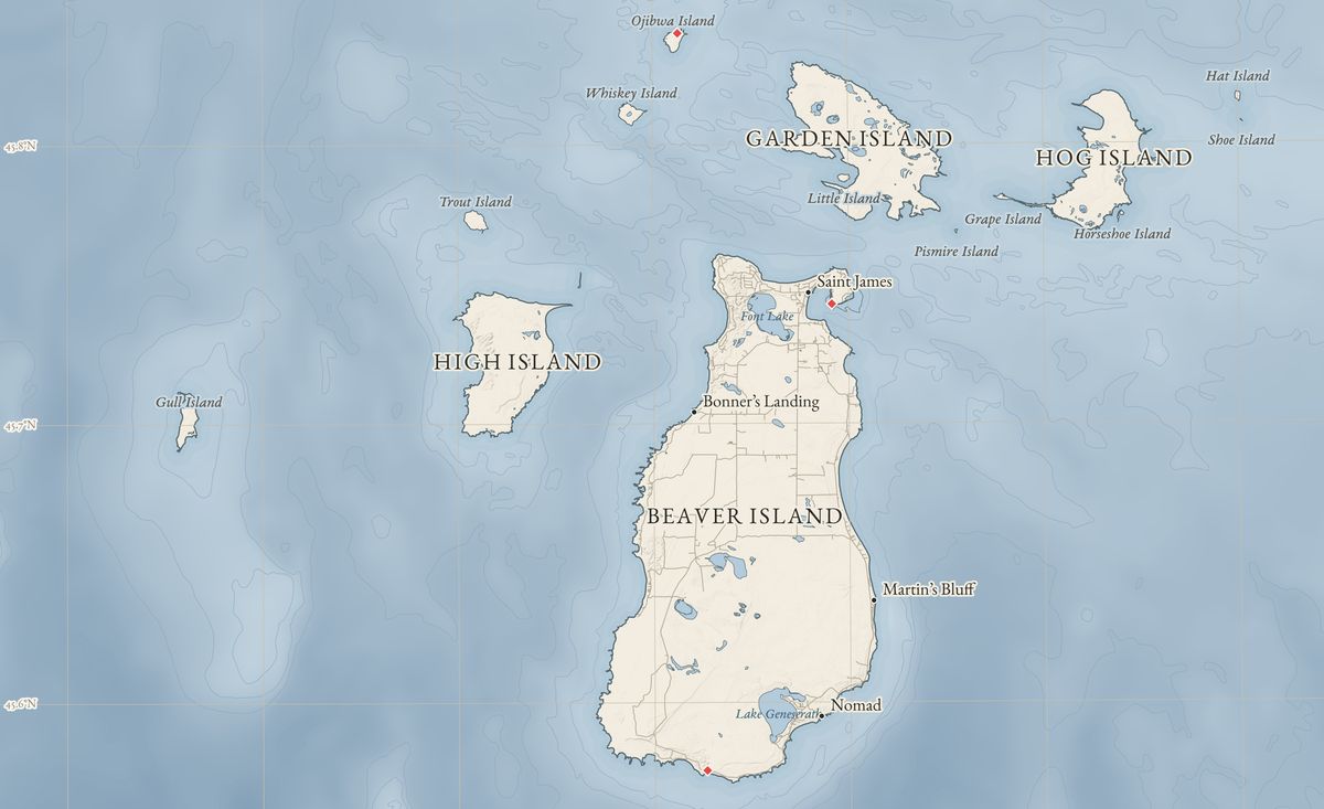 Locator map: the Beaver Island archipelago with Beaver, Garden, High, Hog, Ojibwa and the smaller islands, drawn with bathymetric depth tinting