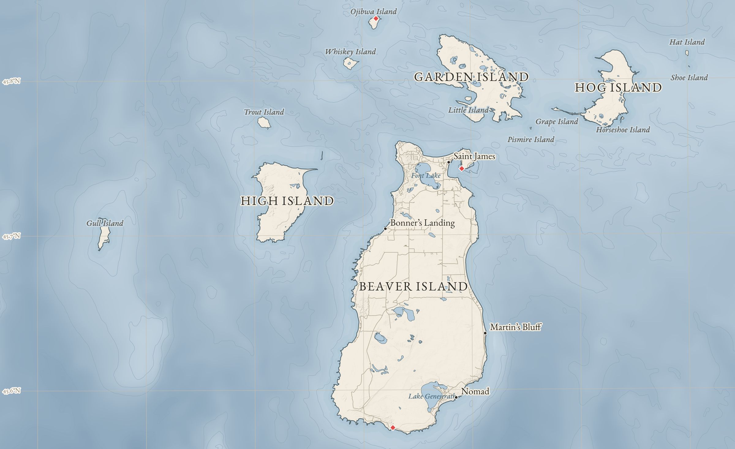 The Beaver Island archipelago drawn with terrain and bathymetric depth tinting: Beaver Island whole, with Garden, High, Hog and the neighboring islands on the shallow shelf of northern Lake Michigan