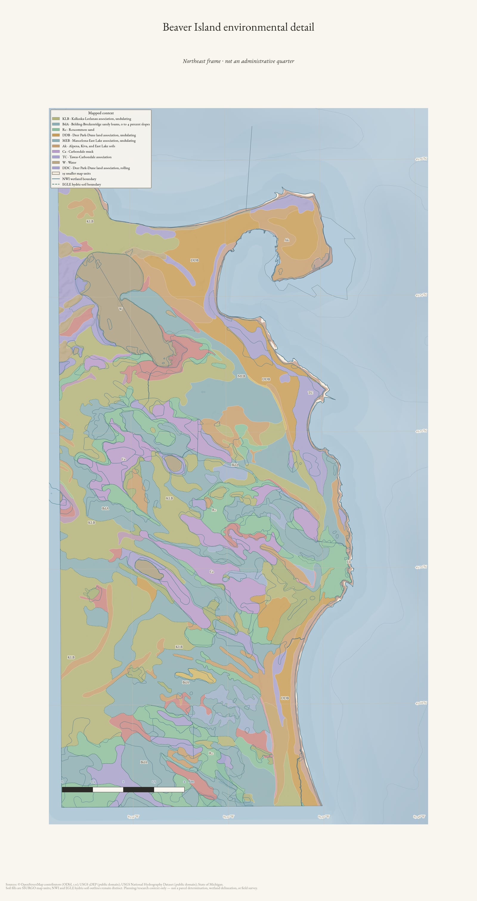 Northeast detail of Beaver Island showing soil map units, wetland context, hydrography, and shaded terrain.