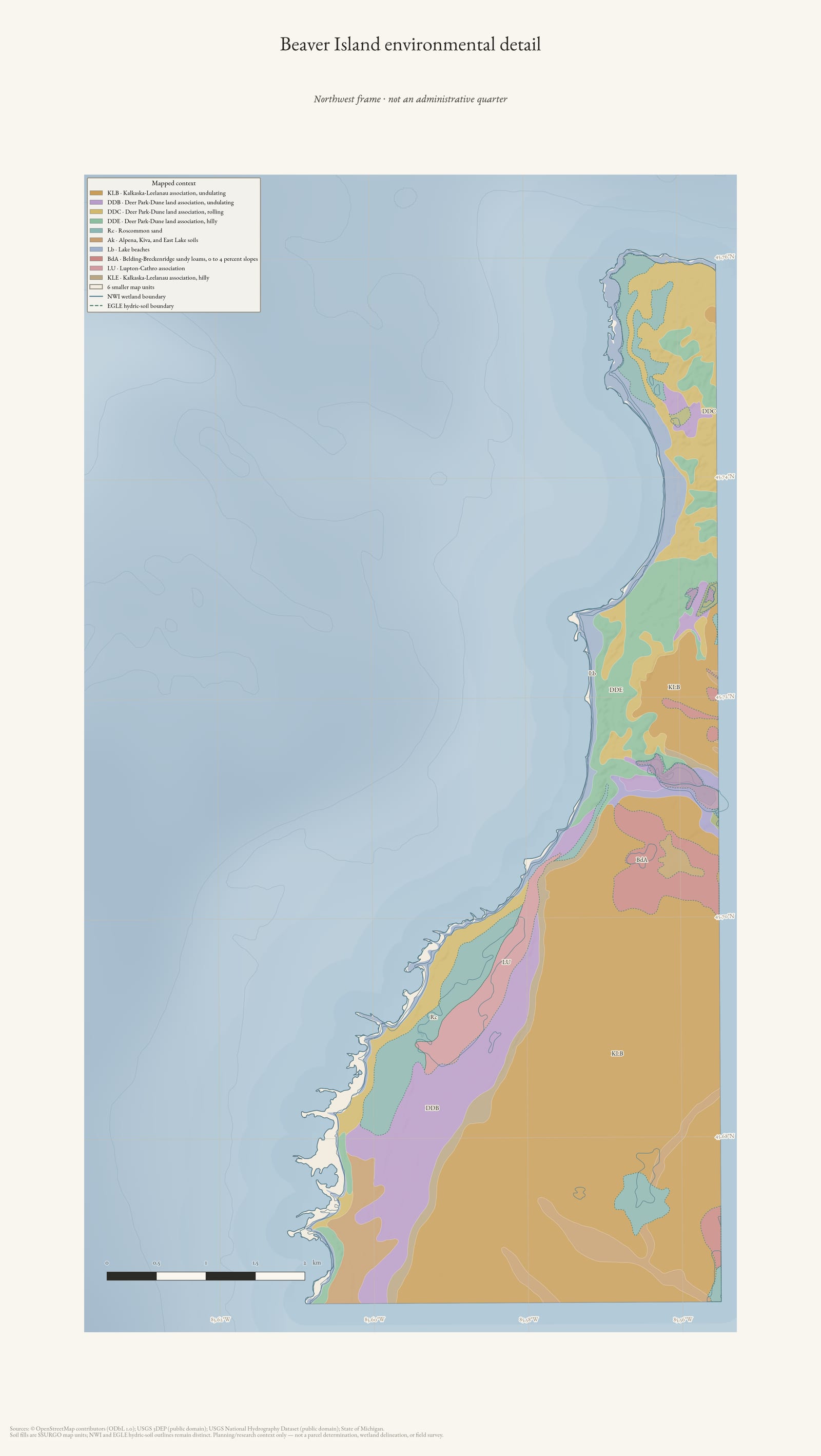 Northwest detail of Beaver Island showing soil map units, wetland context, hydrography, and shaded terrain.