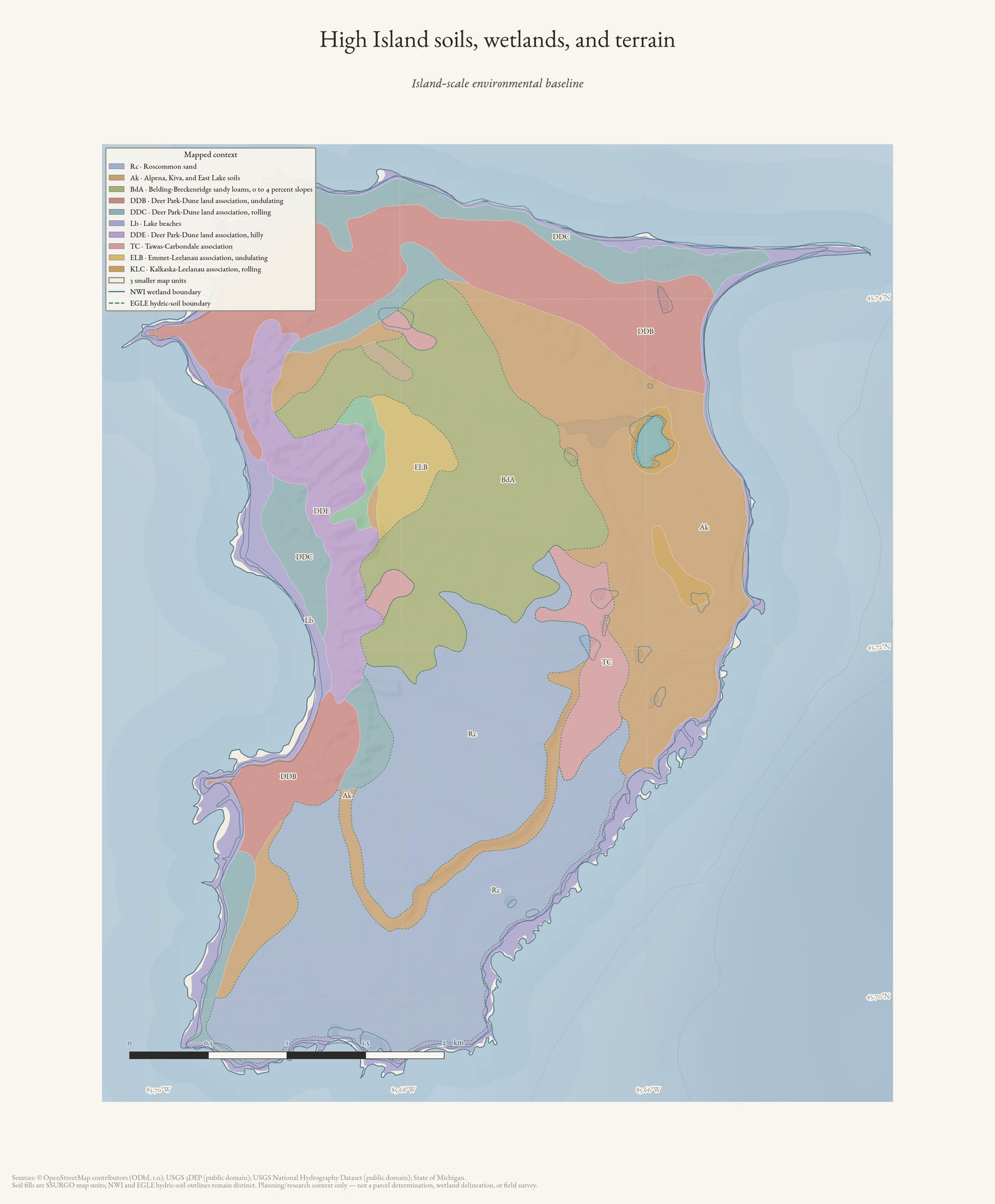 Environmental atlas map of High Island showing soil map units, wetland and hydric-soil outlines, hydrography, and shaded terrain.