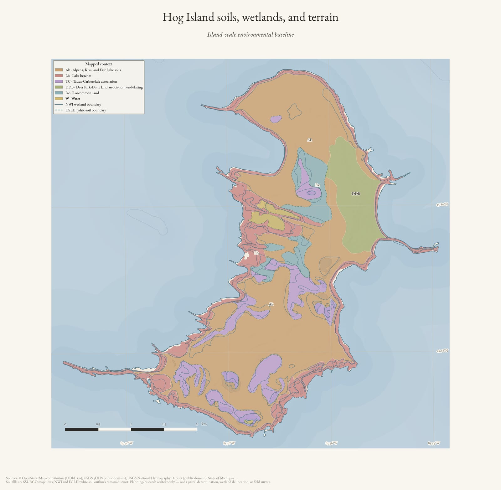 Environmental atlas map of Hog Island showing soil map units, wetland and hydric-soil outlines, hydrography, and shaded terrain.