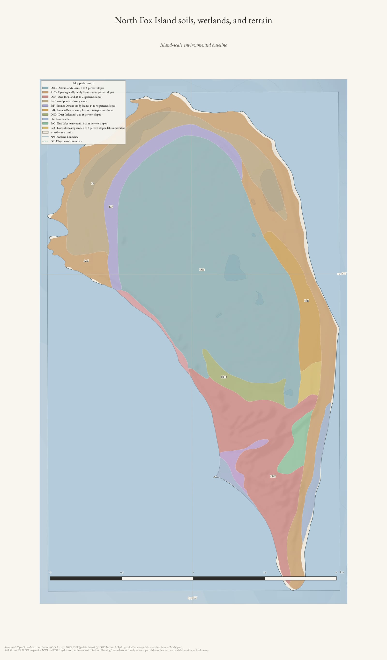 Environmental atlas map of North Fox Island showing soil map units, wetland and hydric-soil outlines, hydrography, and shaded terrain.