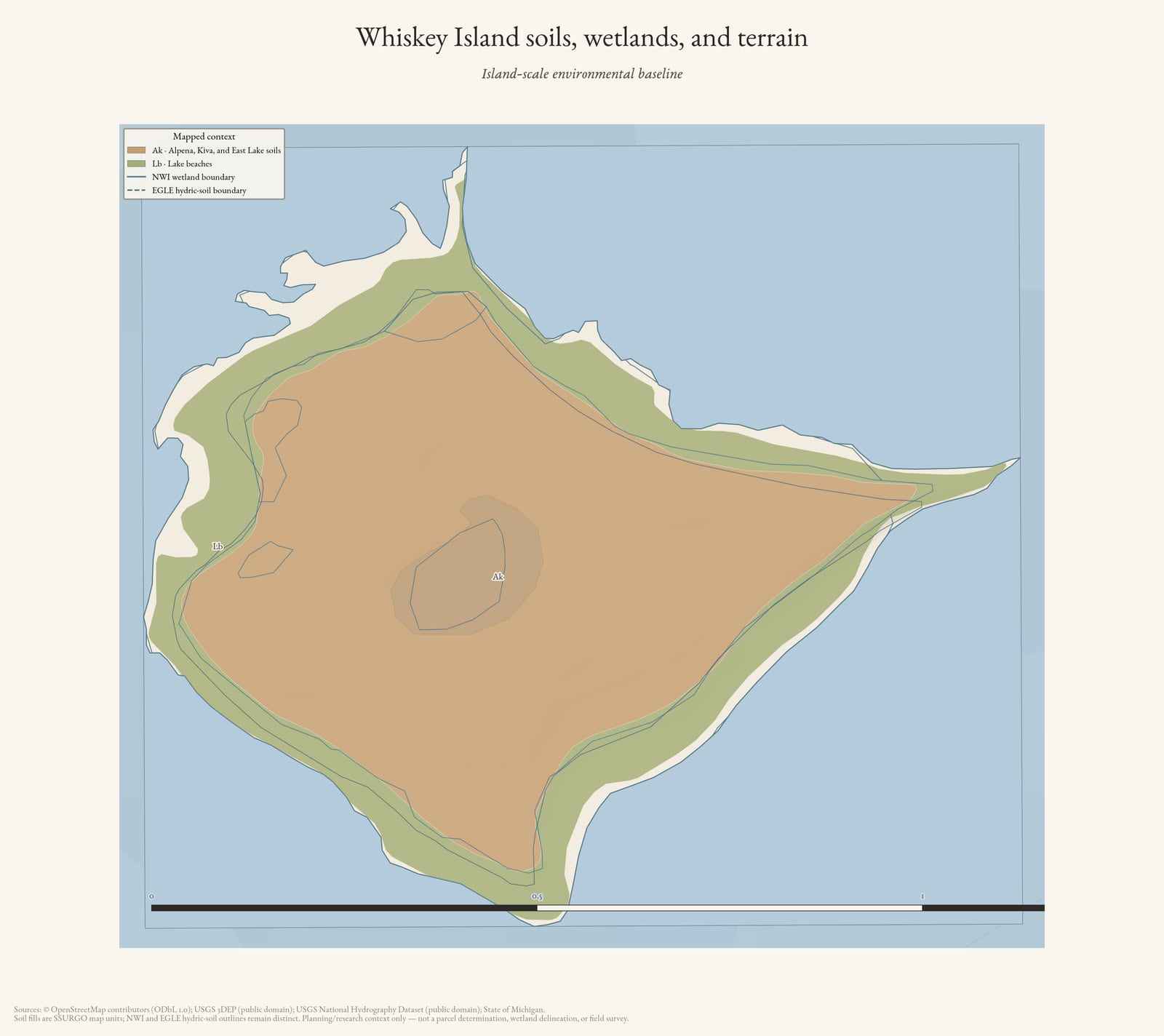 Environmental atlas map of Whiskey Island showing soil map units, wetland and hydric-soil outlines, hydrography, and shaded terrain.