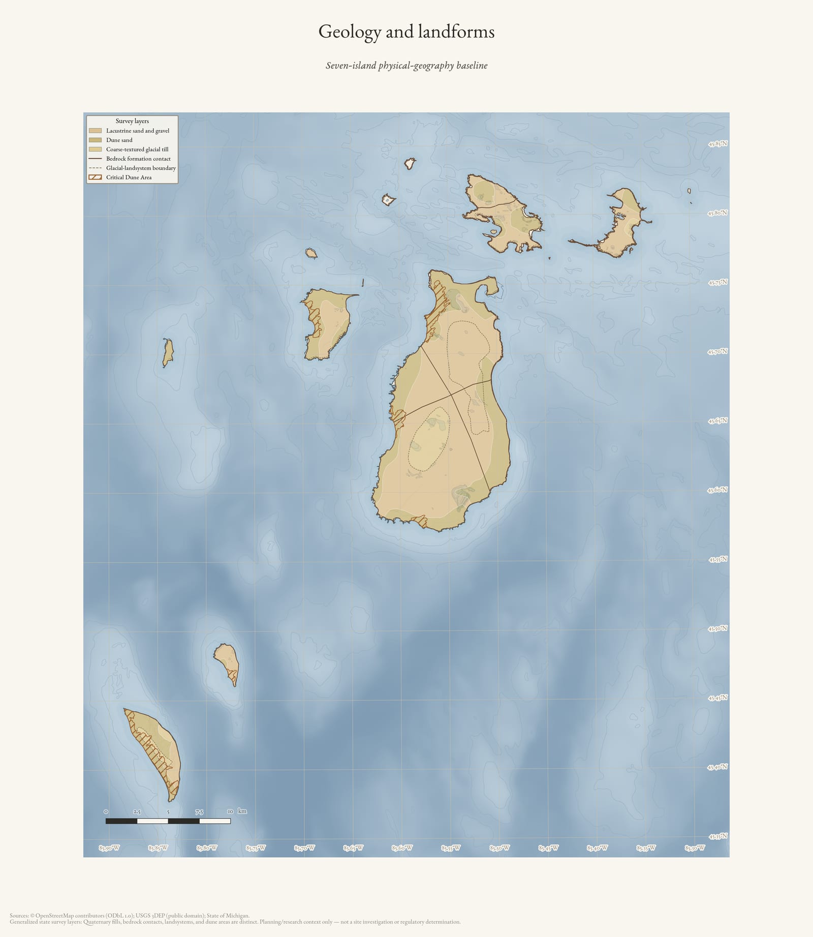 Physical geography map of the Beaver Island archipelago showing generalized geology, landforms, and critical dunes.