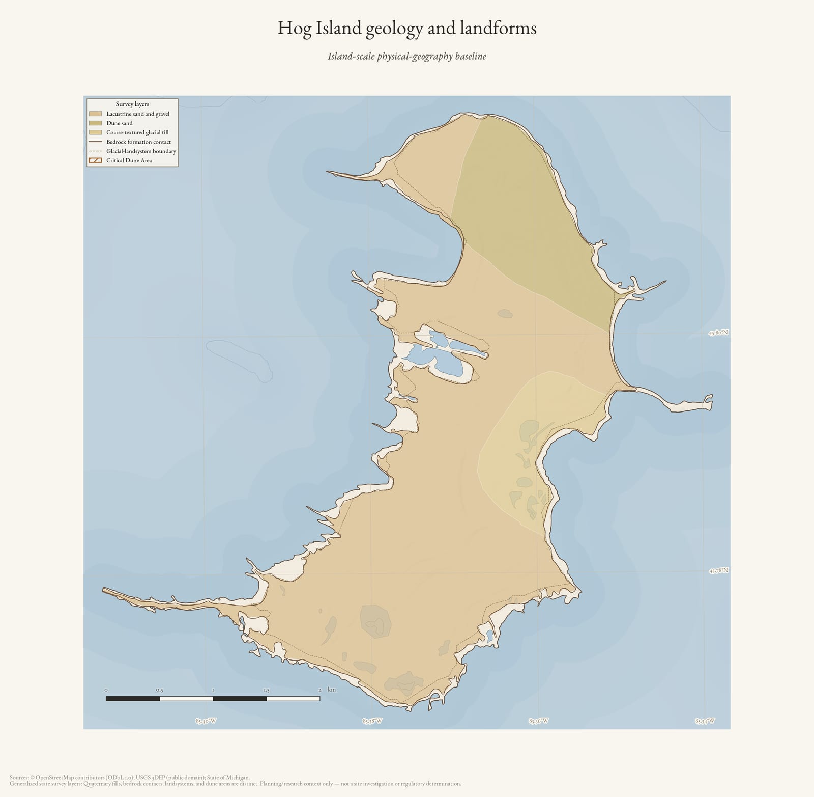 Physical geography map of Hog Island showing generalized geology and landforms.