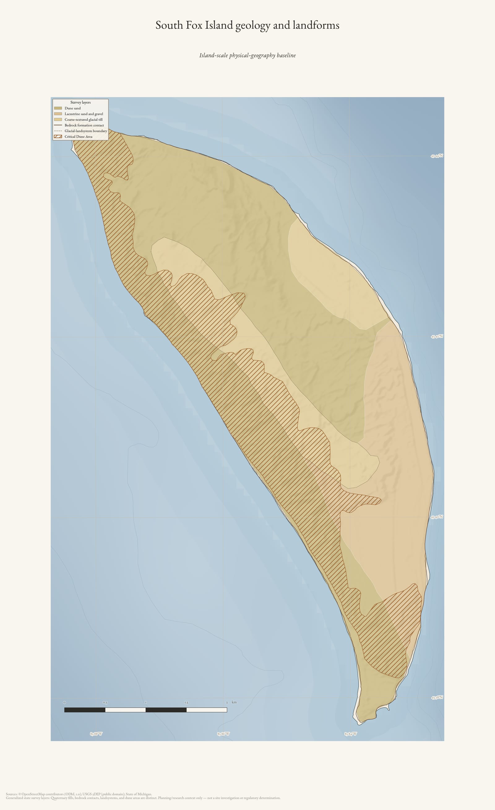 Physical geography map of South Fox Island showing generalized geology and landforms.