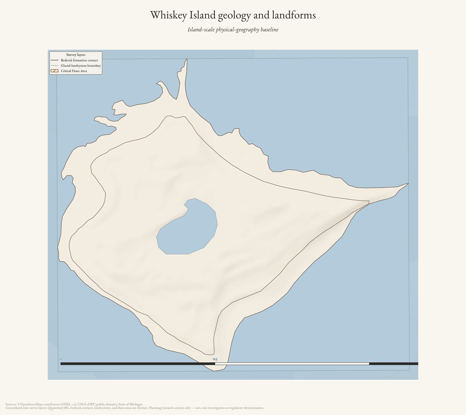 Physical geography map of Whiskey Island showing generalized geology and landforms.
