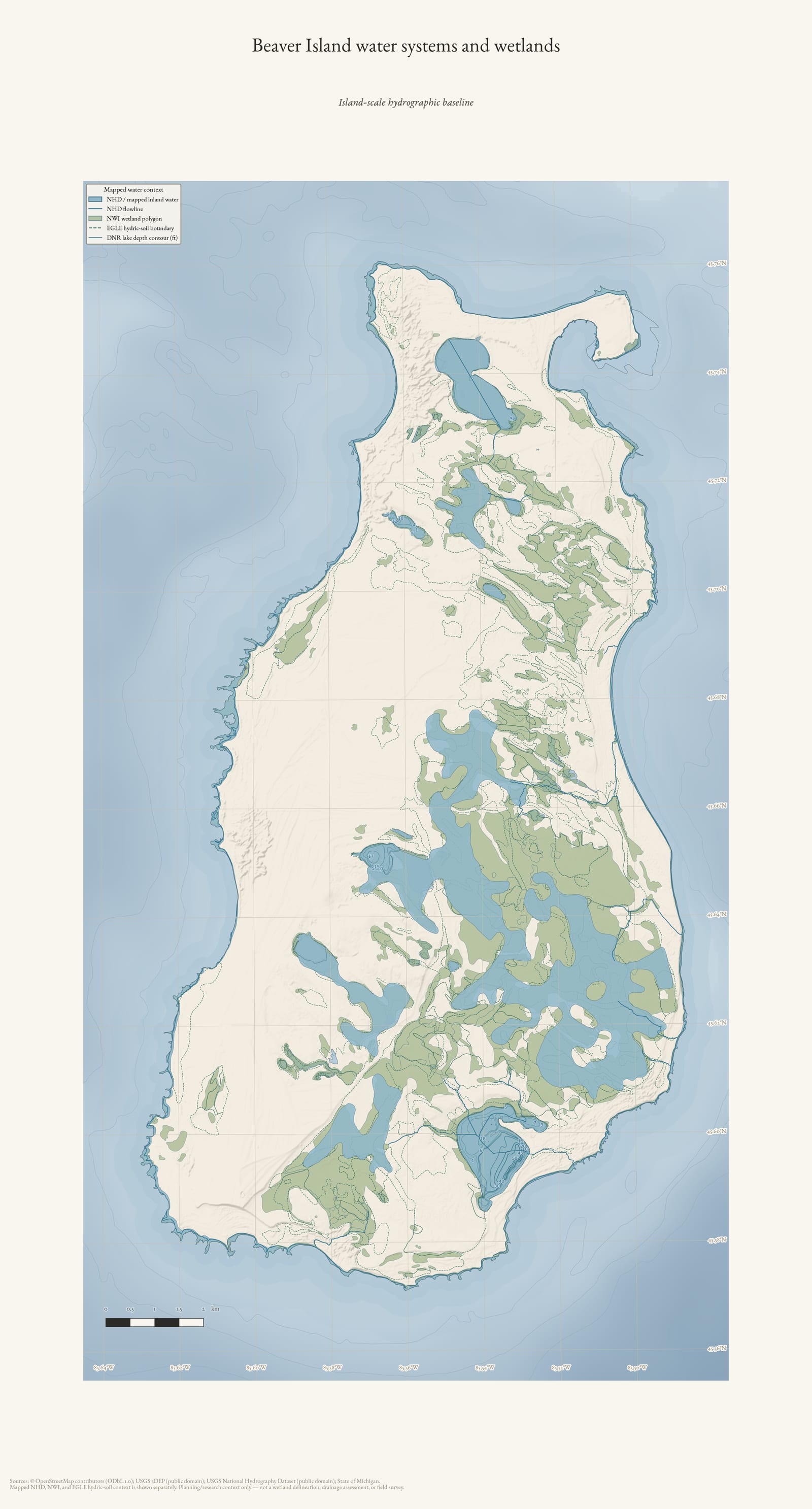 Hydrology map of Beaver Island showing water systems and wetlands.