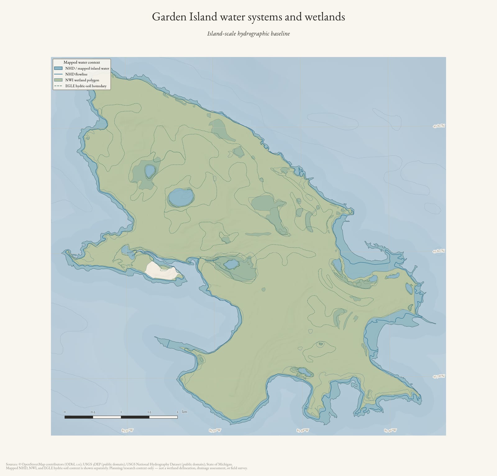 Hydrology map of Garden Island showing water systems and wetlands.