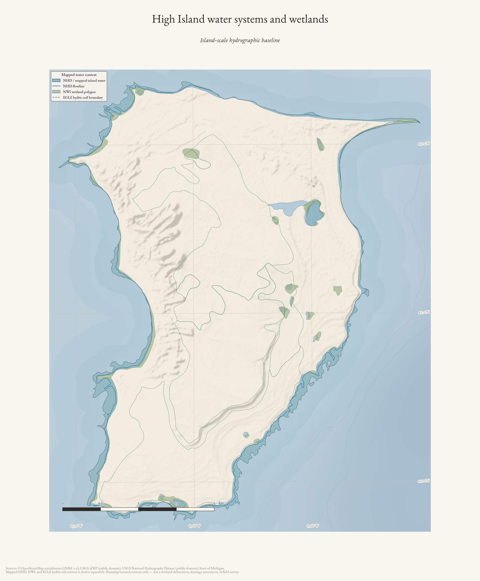 Hydrology map of High Island showing water systems and wetlands.