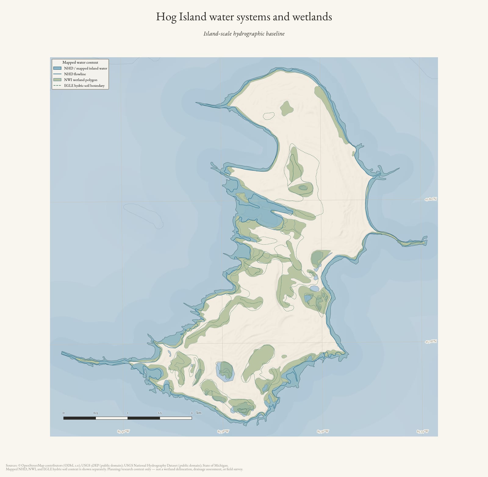 Hydrology map of Hog Island showing water systems and wetlands.