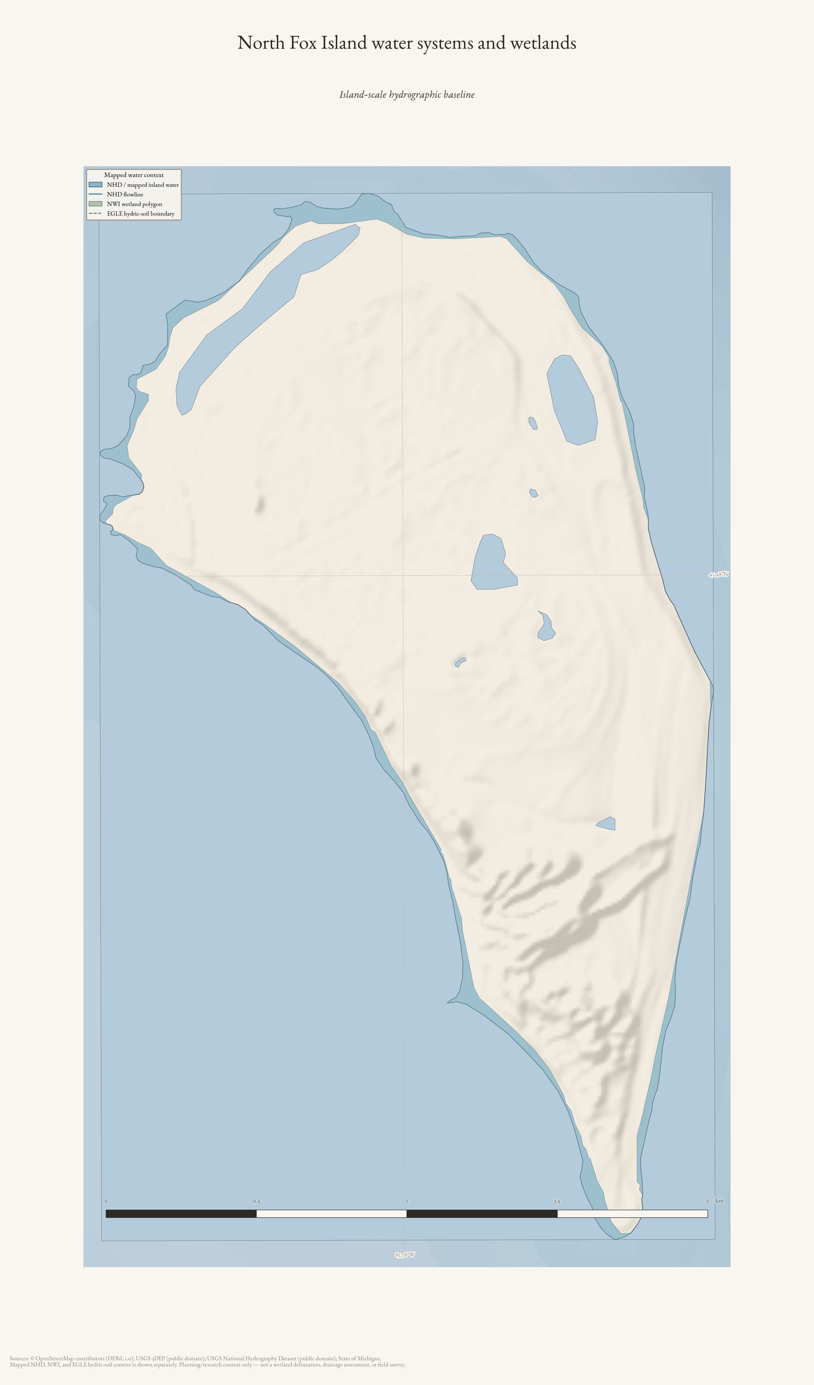 Hydrology map of North Fox Island showing water systems and wetlands.