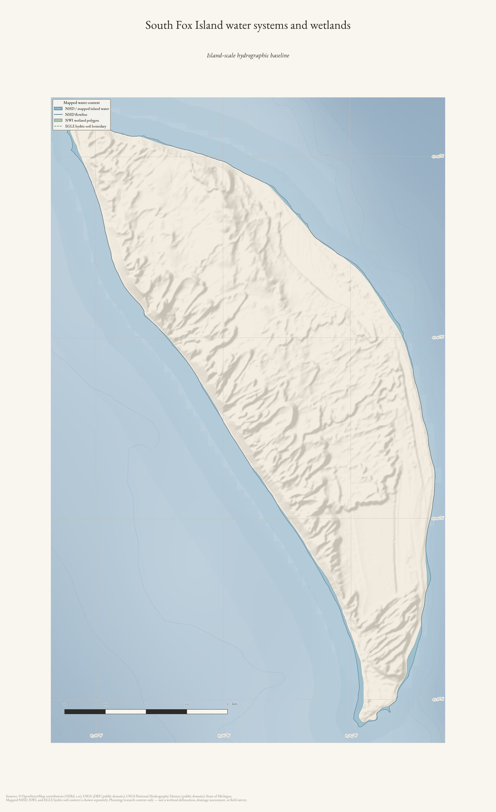 Hydrology map of South Fox Island showing water systems and wetlands.