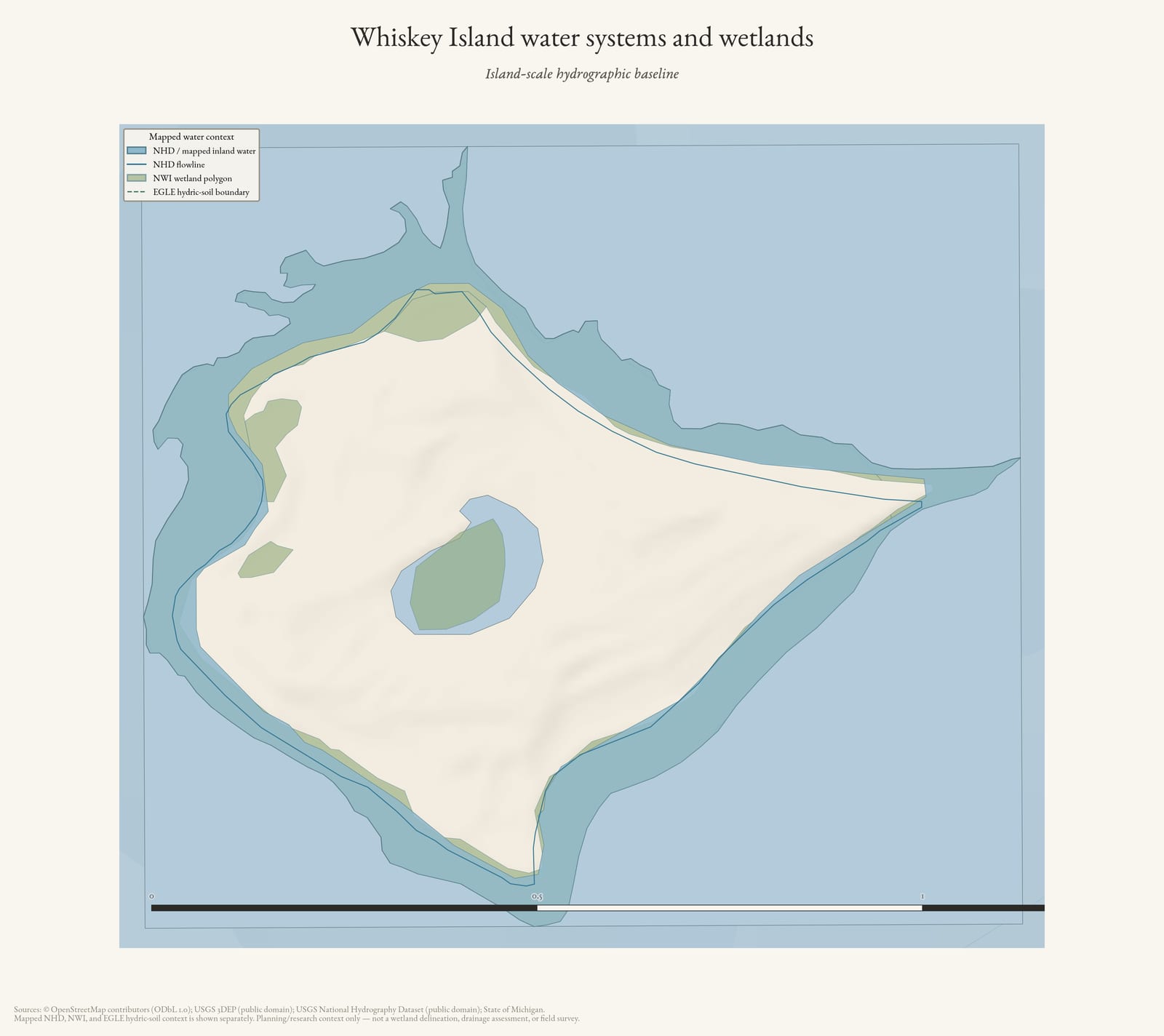 Hydrology map of Whiskey Island showing water systems and wetlands.