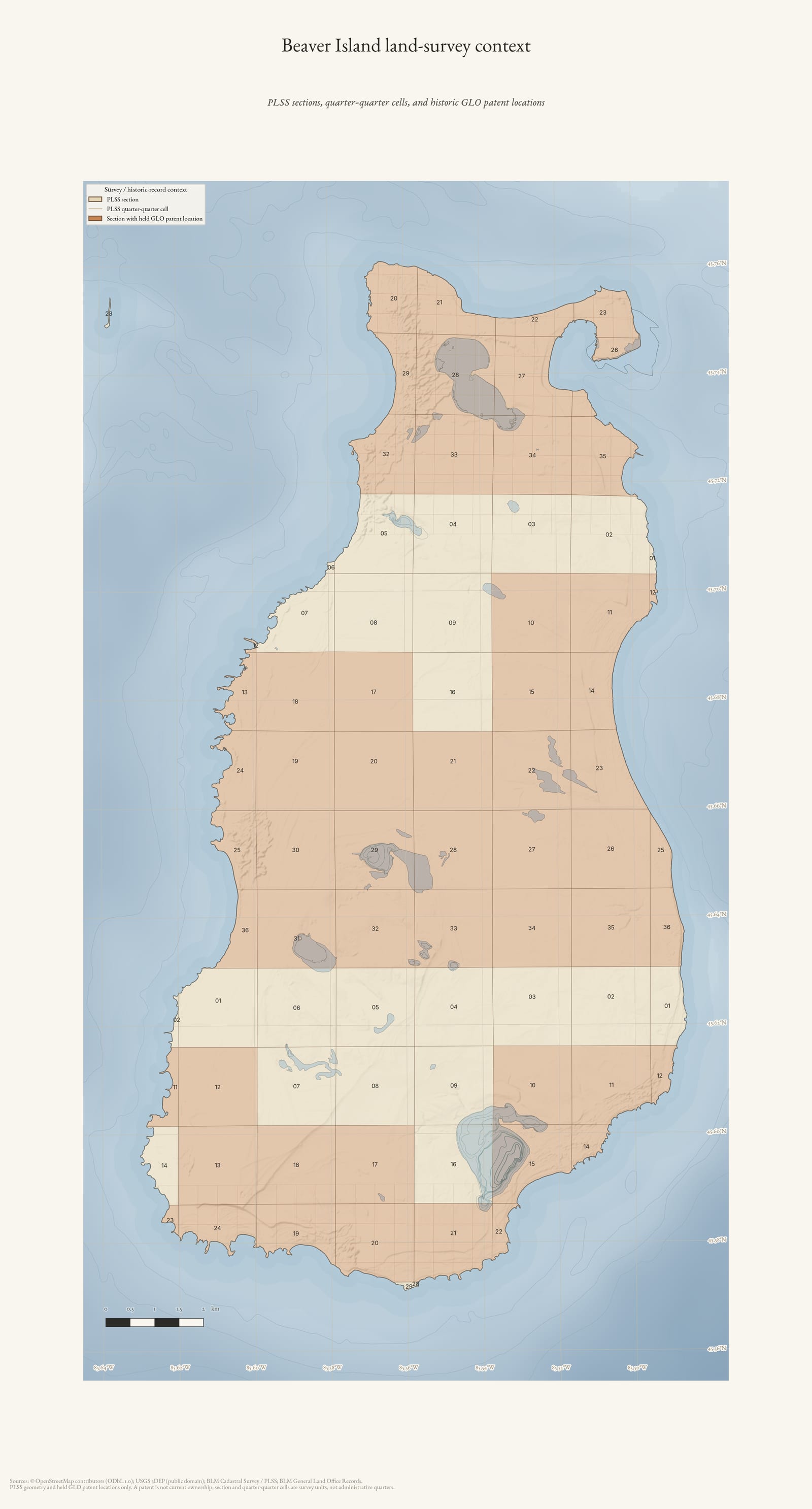 Land-survey context map of Beaver Island showing PLSS sections, quarter-quarter cells, and historic GLO patent locations.
