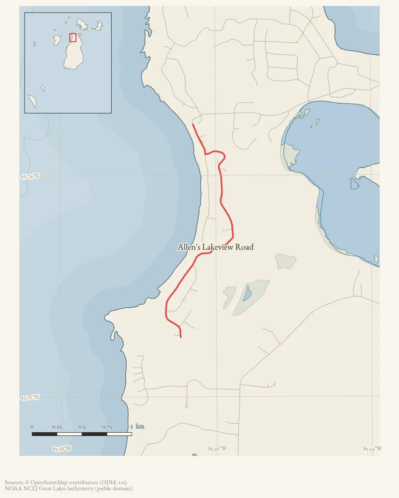 Locator map: Allen's Lakeview Road highlighted within the Beaver Island archipelago