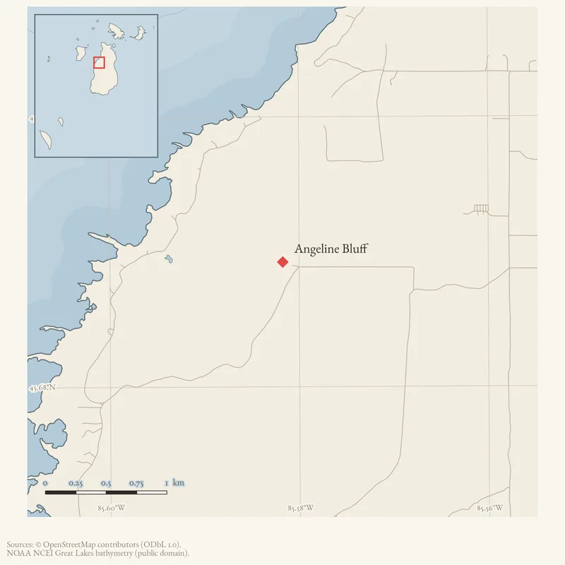 Locator map: Angeline Bluff highlighted within the Beaver Island archipelago
