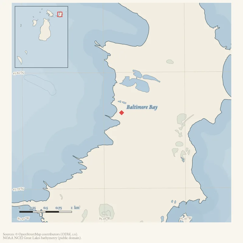 Locator map: Baltimore Bay highlighted within the Beaver Island archipelago