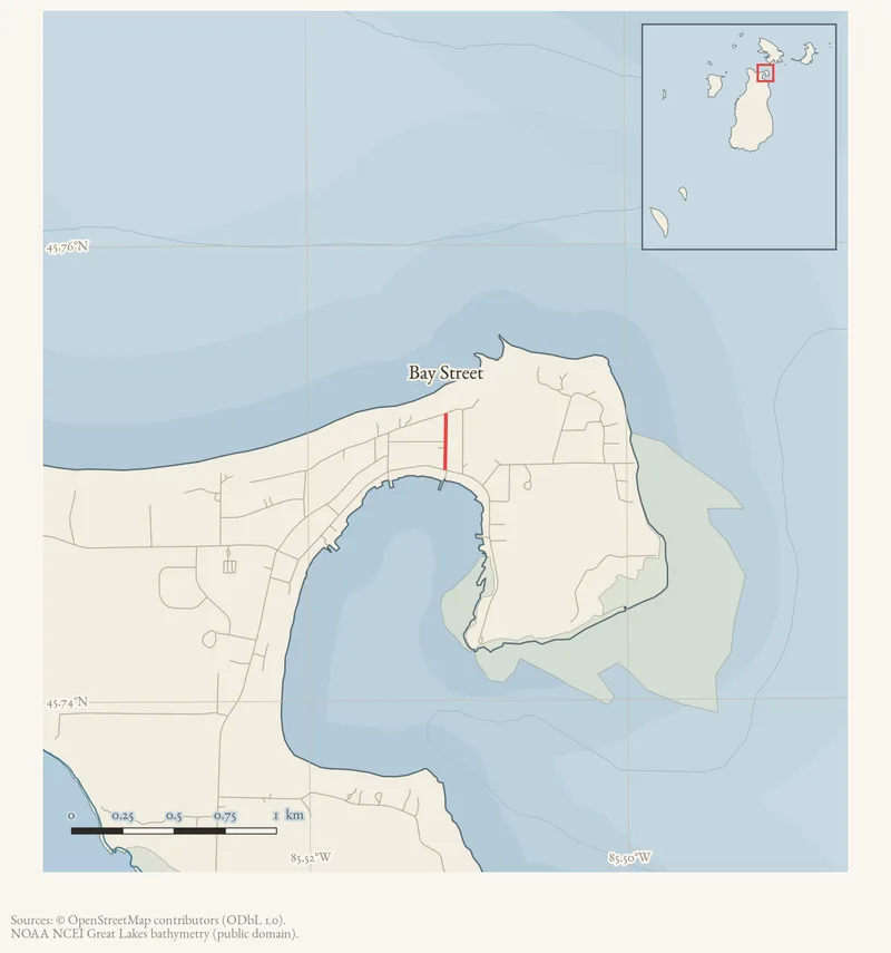 Locator map: Bay Street highlighted within the Beaver Island archipelago