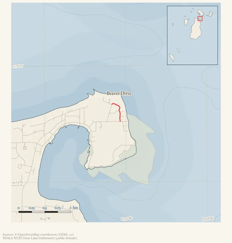 Locator map: Beaver Drive highlighted within the Beaver Island archipelago