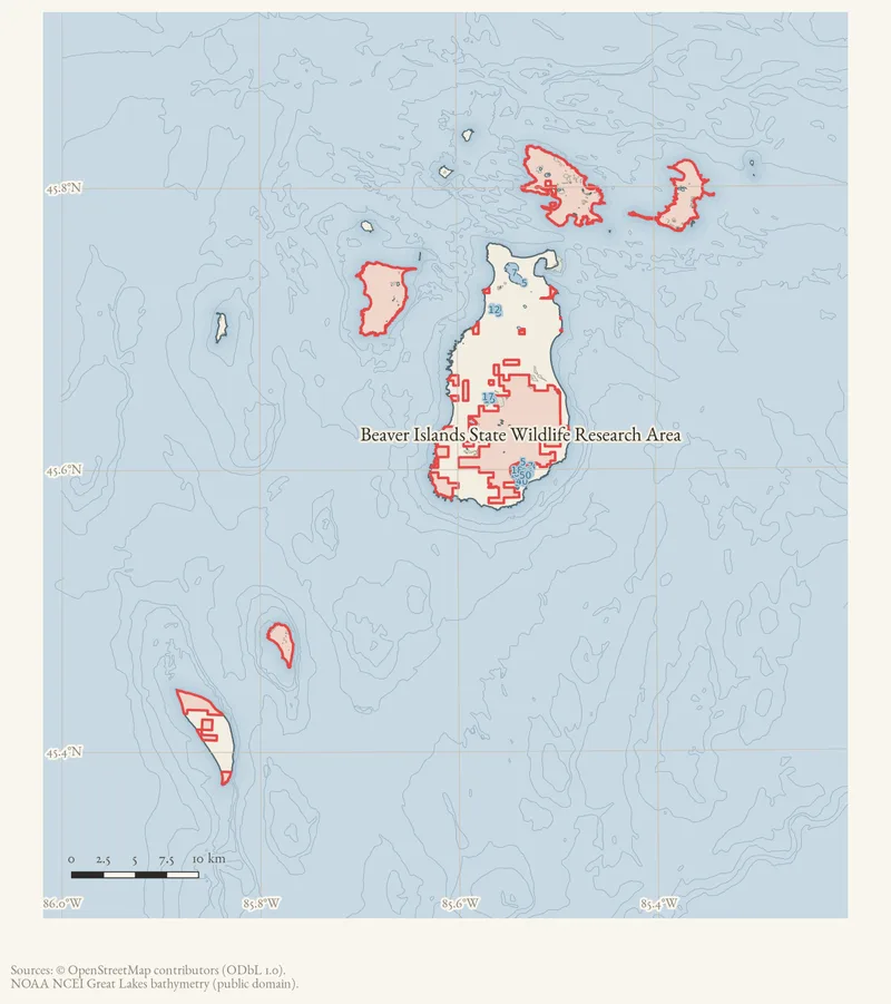 Locator map: Beaver Islands State Wildlife Research Area highlighted within the Beaver Island archipelago