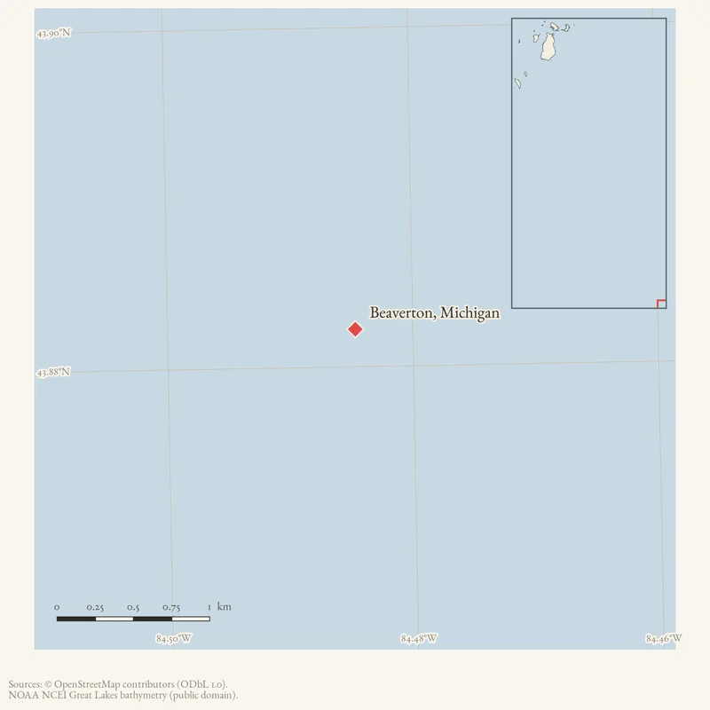 Locator map: Beaverton, Michigan highlighted within the Beaver Island archipelago