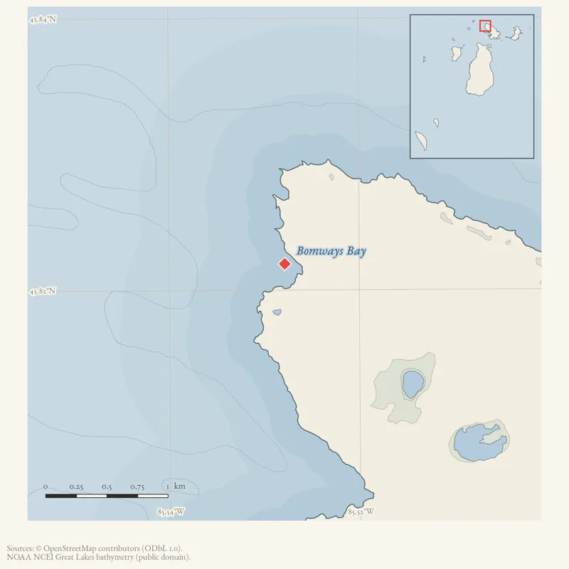 Locator map: Bomways Bay highlighted within the Beaver Island archipelago