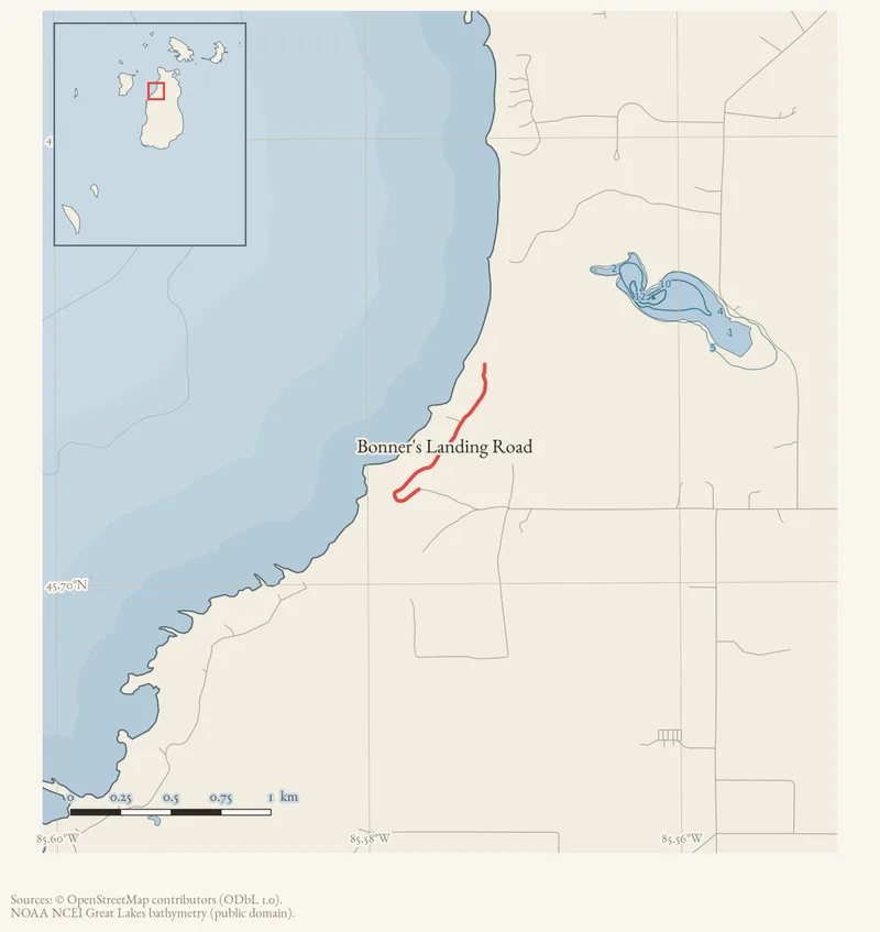 Locator map: Bonner's Landing Road highlighted within the Beaver Island archipelago
