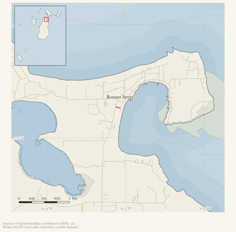 Locator map: Bonner Street highlighted within the Beaver Island archipelago