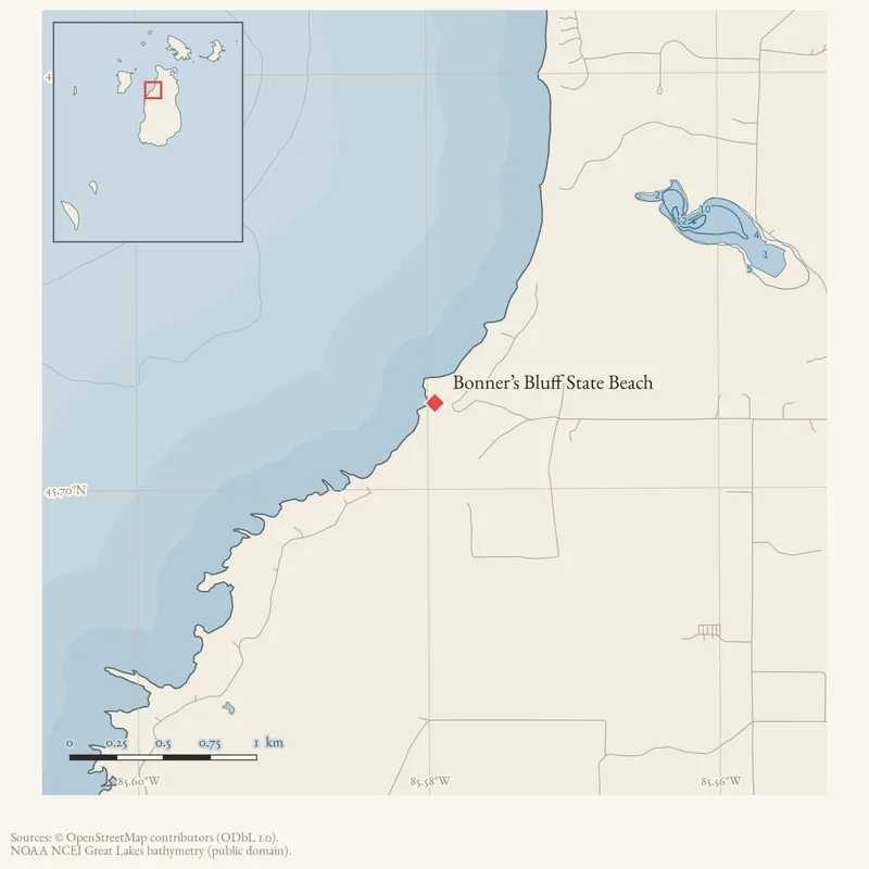 Locator map: Bonner’s Bluff State Beach highlighted within the Beaver Island archipelago