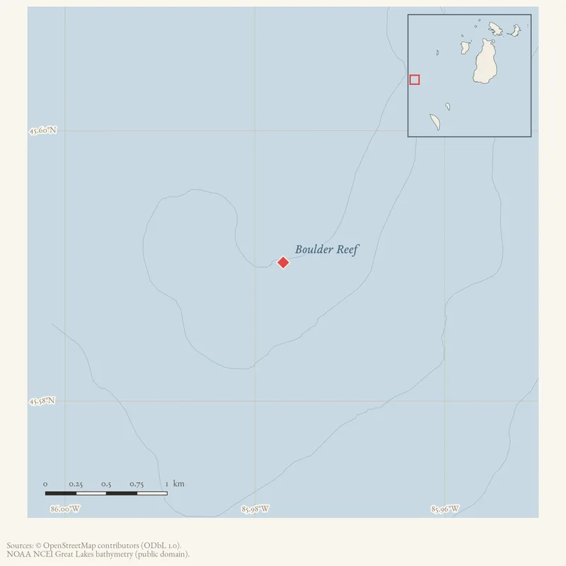 Locator map: Boulder Reef highlighted within the Beaver Island archipelago
