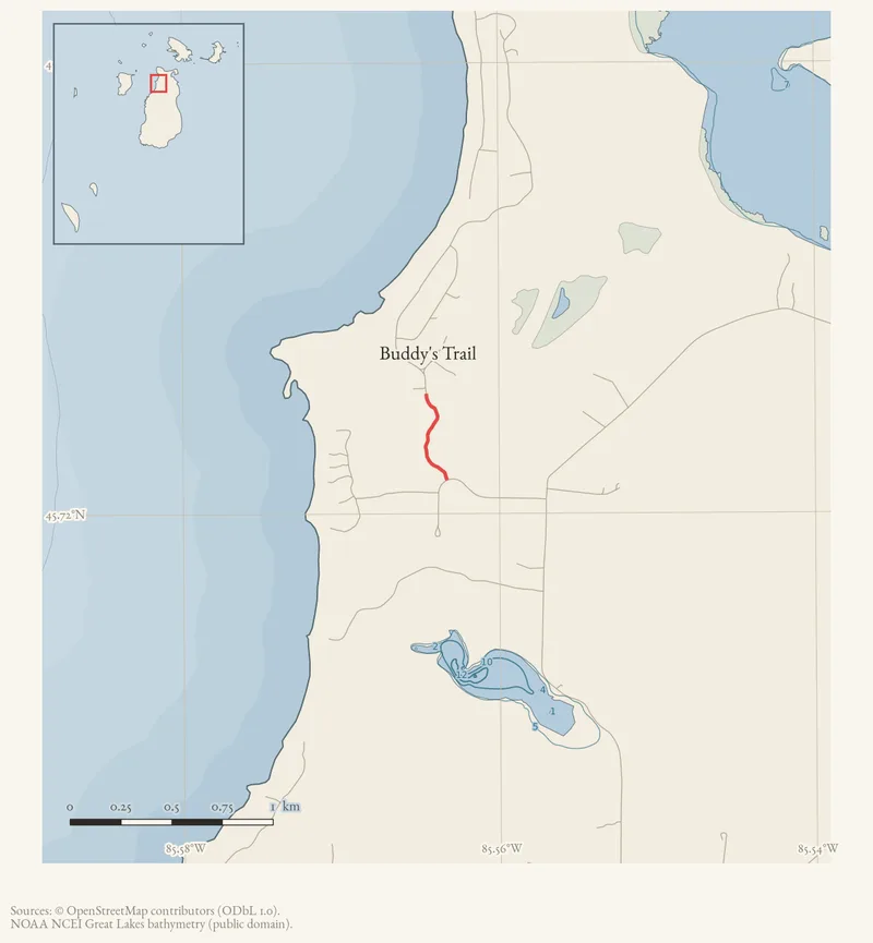 Locator map: Buddy's Trail highlighted within the Beaver Island archipelago