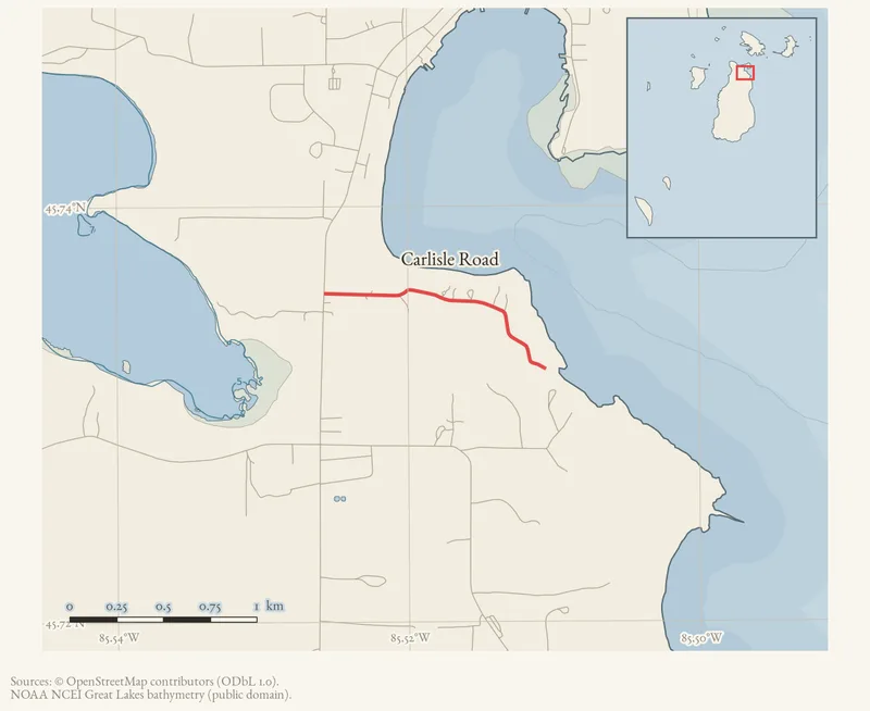 Locator map: Carlisle Road highlighted within the Beaver Island archipelago