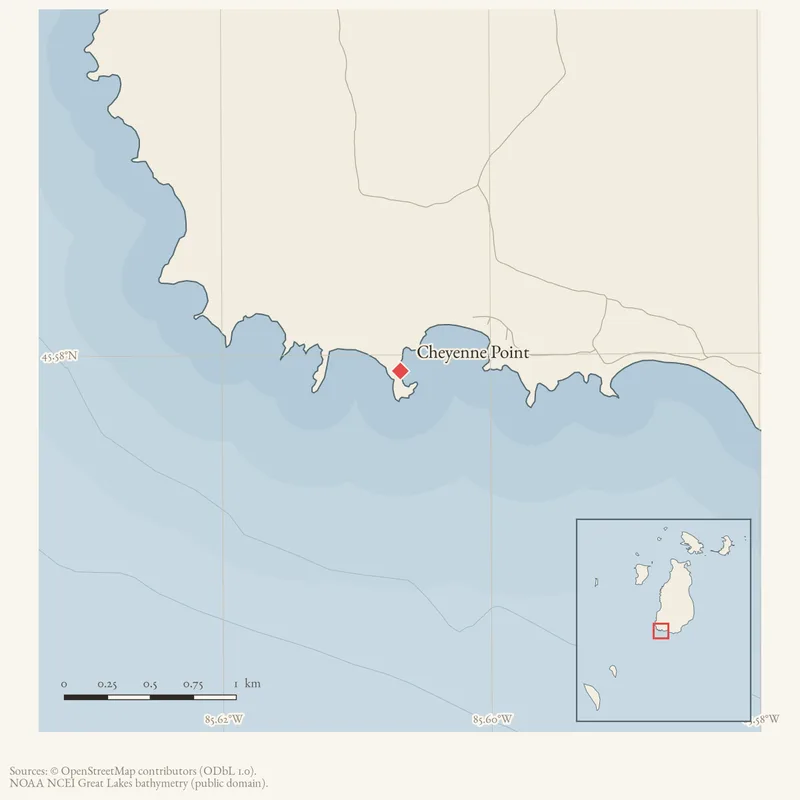 Locator map: Cheyenne Point highlighted within the Beaver Island archipelago