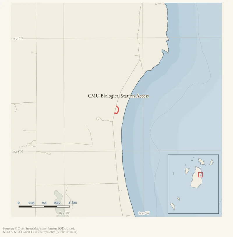 Locator map: CMU Biological Station Access highlighted within the Beaver Island archipelago
