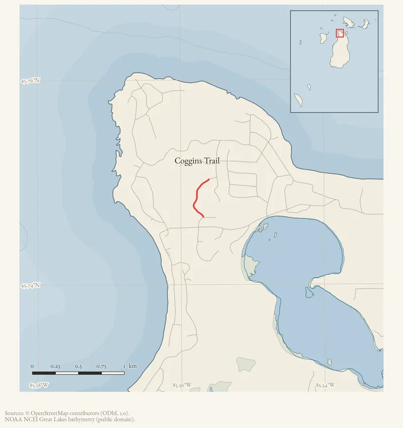 Locator map: Coggins Trail highlighted within the Beaver Island archipelago