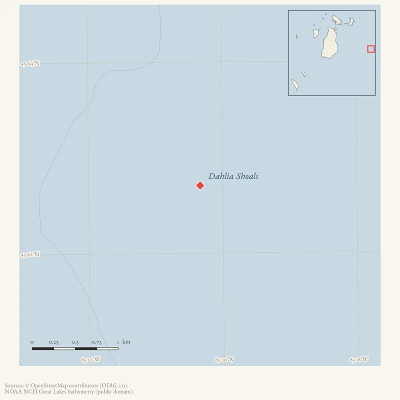 Locator map: Dahlia Shoals highlighted within the Beaver Island archipelago