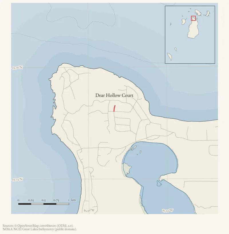 Locator map: Dear Hollow Court highlighted within the Beaver Island archipelago