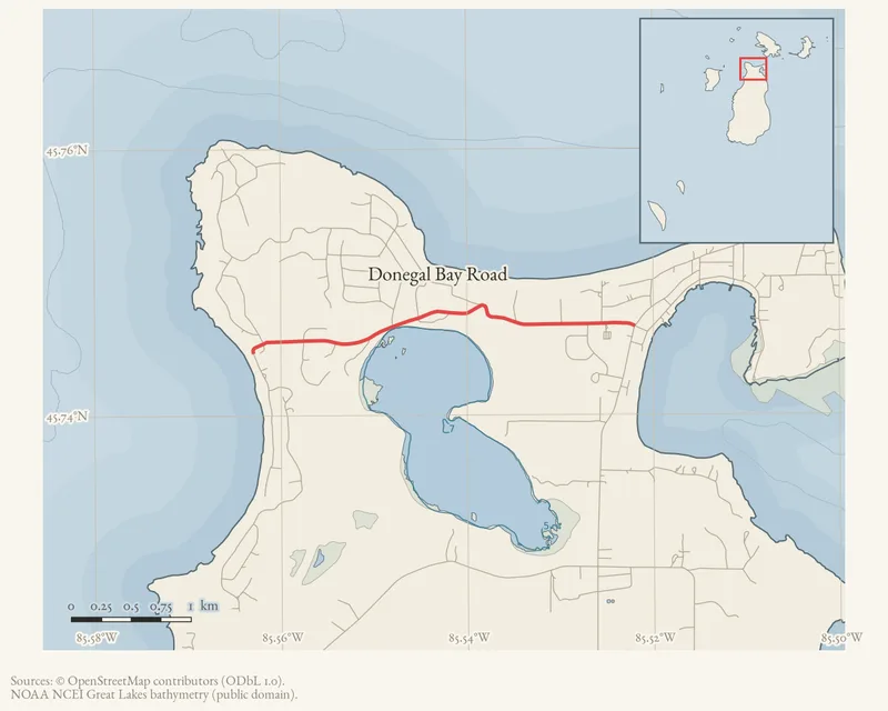 Locator map: Donegal Bay Road highlighted within the Beaver Island archipelago