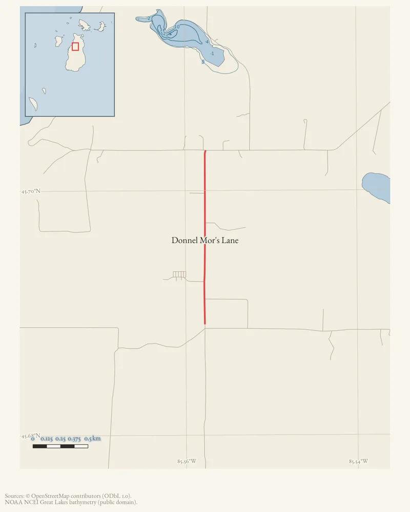 Locator map: Donnel Mor's Lane highlighted within the Beaver Island archipelago