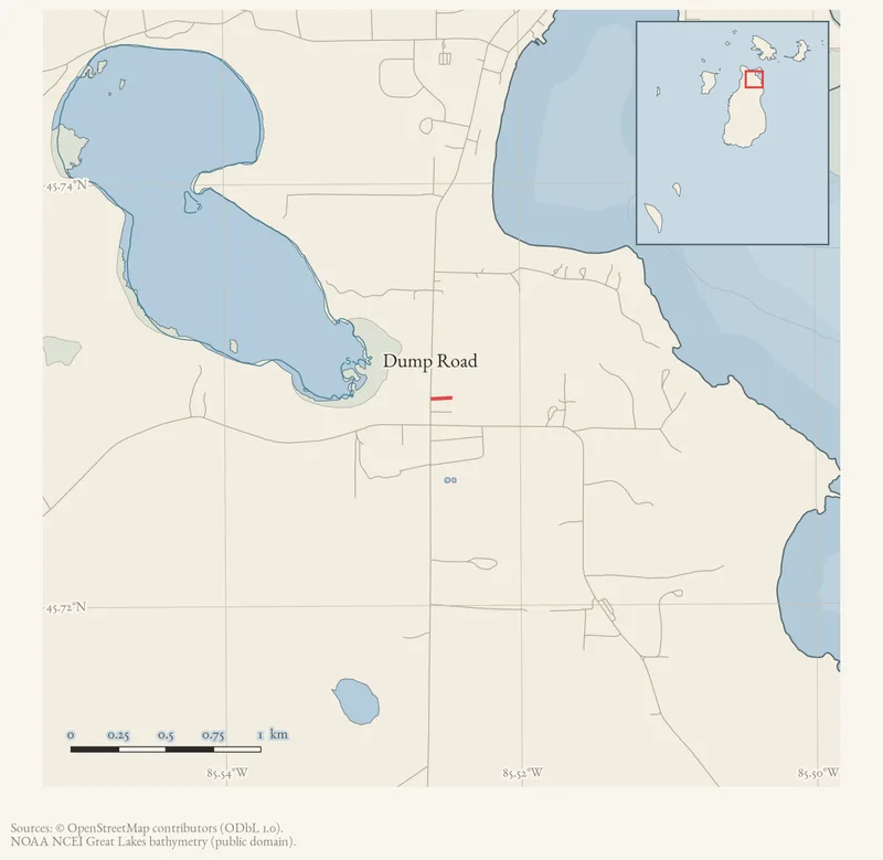 Locator map: Dump Road highlighted within the Beaver Island archipelago
