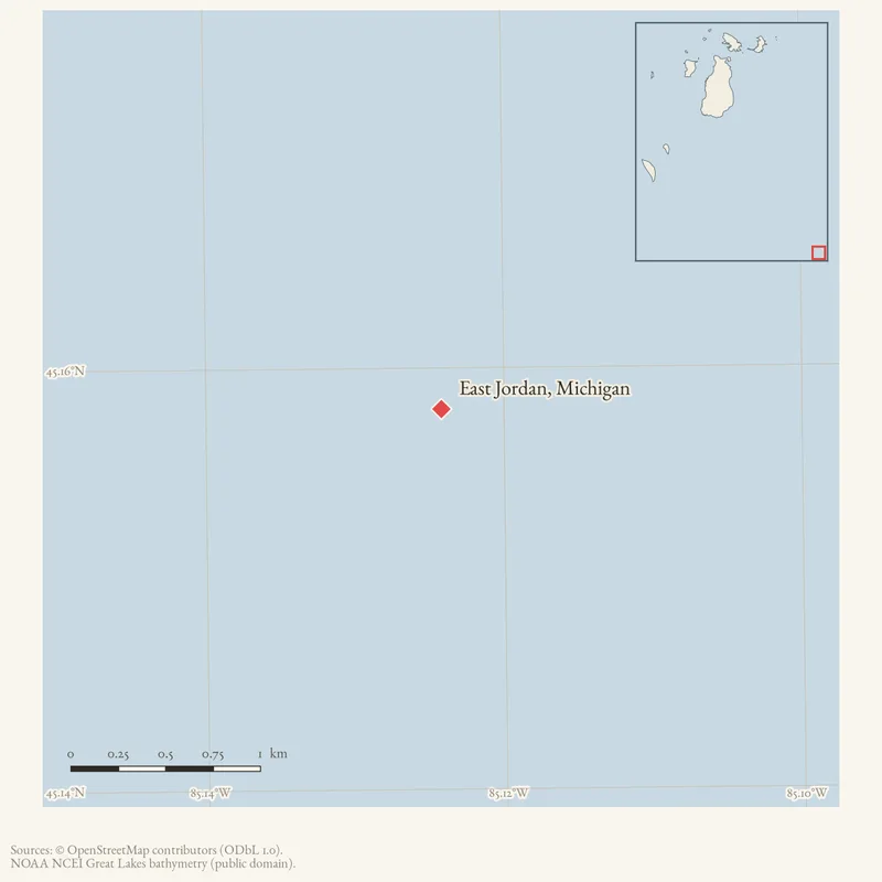 Locator map: East Jordan, Michigan highlighted within the Beaver Island archipelago