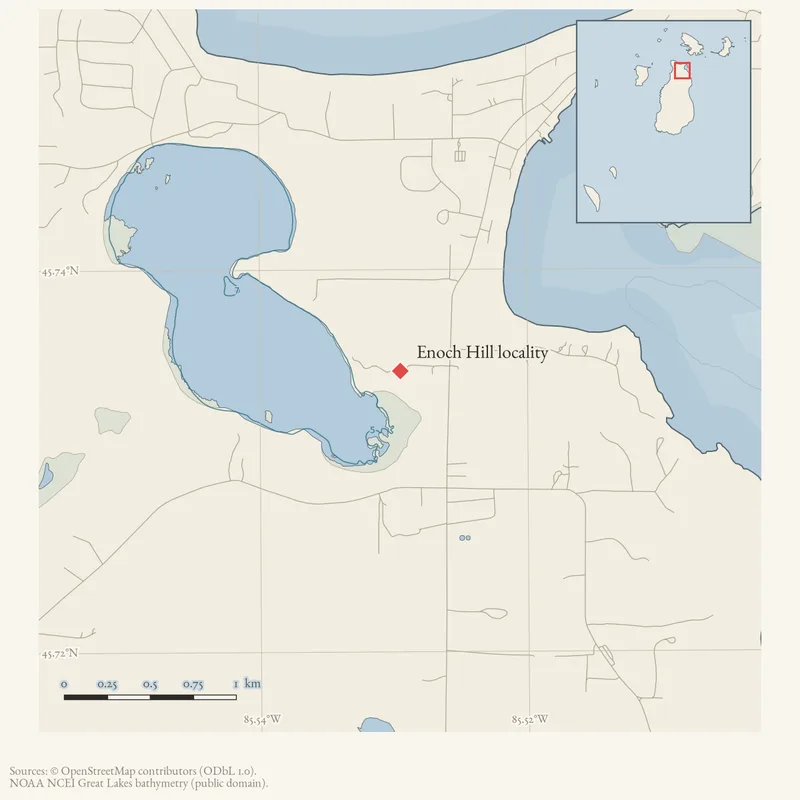 Locator map: Enoch Hill locality highlighted within the Beaver Island archipelago