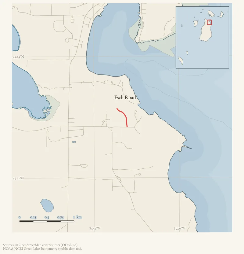 Locator map: Esch Road highlighted within the Beaver Island archipelago