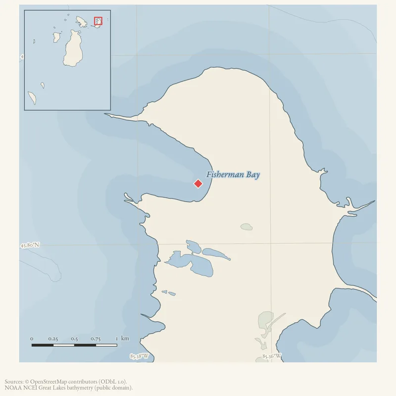 Locator map: Fisherman Bay highlighted within the Beaver Island archipelago