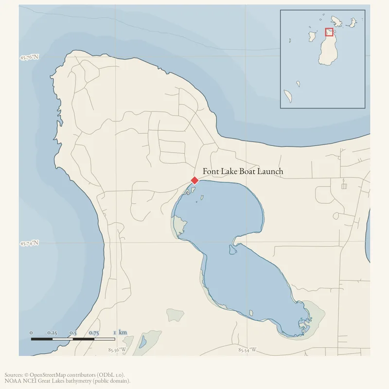 Locator map: Font Lake Boat Launch highlighted within the Beaver Island archipelago