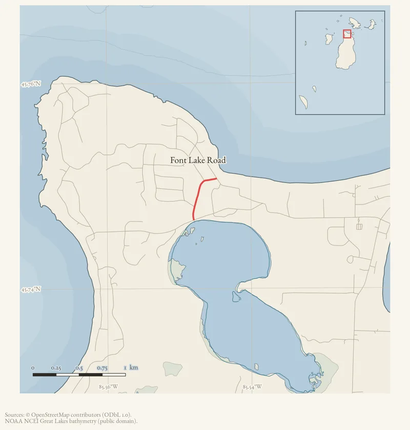 Locator map: Font Lake Road highlighted within the Beaver Island archipelago